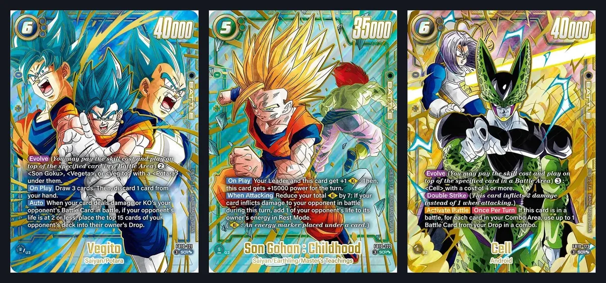 TCGplayer photos of the three FB10 Super Alt-Art SCRs: Vegito in blue, Son Gohan Childhood in green and Cell in gold