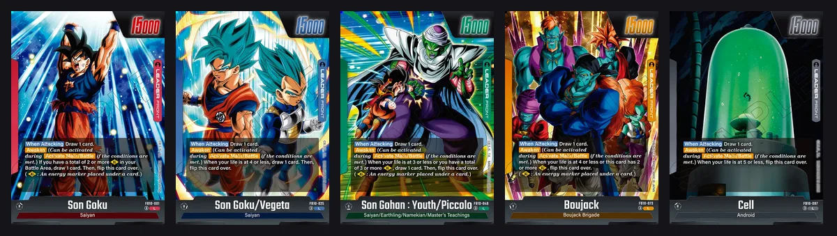 The five FB10 Cross Force Leader cards, front sides: Son Goku FB10-001, Son Goku and Vegeta FB10-025, Son Gohan Youth and Piccolo FB10-049, Boujack FB10-073 and Cell FB10-097