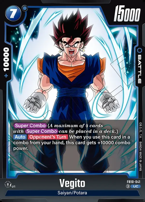 FB10-041 Vegito Battle Card: cost 7, 15000 power, 10000 combo power, Super Combo keyword limiting a deck to 4 Super Combo cards, gains 10000 combo power when used from hand on the opponent's turn
