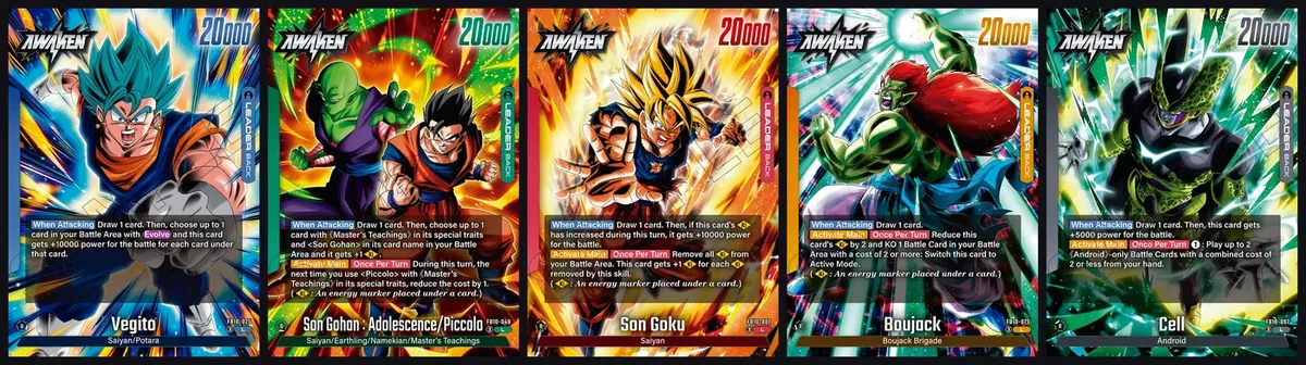 The five awakened FB10 leader cards side by side: Vegito in Blue, Son Gohan and Piccolo in Green, Son Goku in Red, Boujack in Yellow and Cell in Black