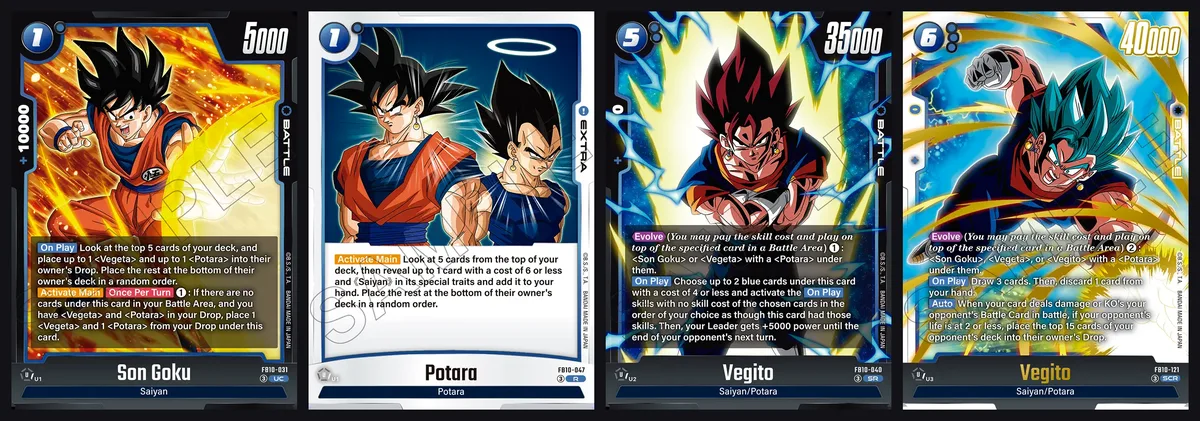 Dragon Ball Fusion World cards FB10-031 Son Goku, FB10-047 Potara, FB10-040 Vegito and FB10-121 Vegito shown side by side, the four steps of the Potara fusion line