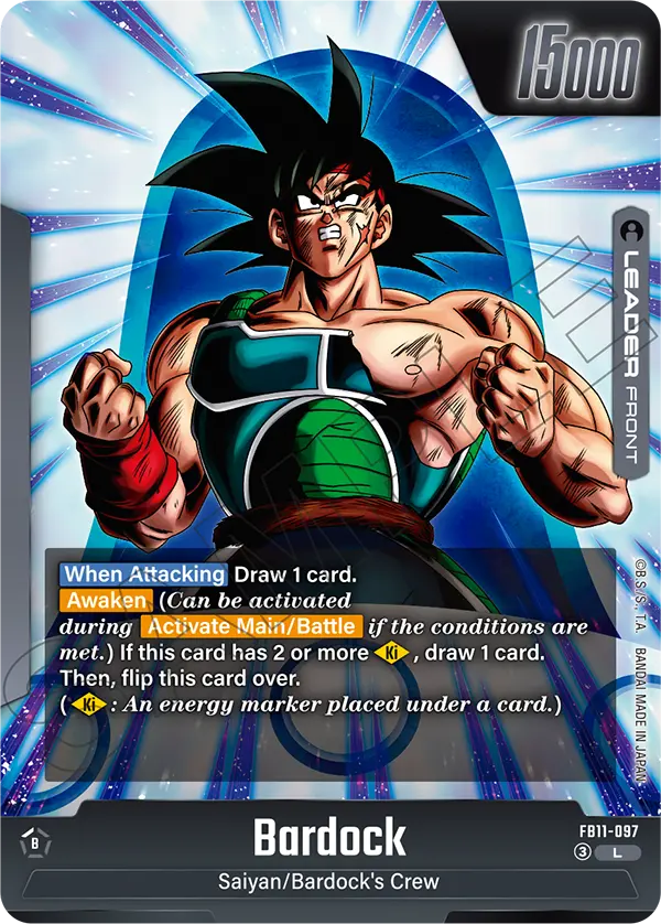 Bardock FB11-097 black Leader card front, Bardock with the When Attacking draw and the 2 Ki Awaken text