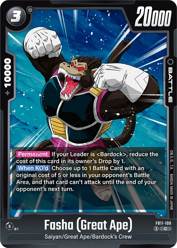 Fasha Great Ape FB11-100 black Battle card, cost 3, with the Drop cost reduction for a Bardock Leader and the cannot-attack When KO'd text