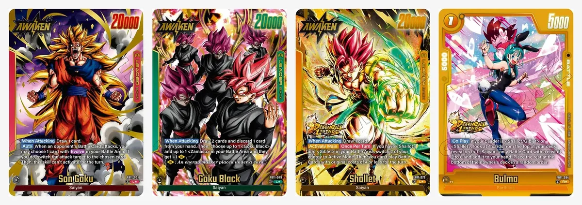 TCGplayer photos of FB11 alt-art cards: the Son Goku FB11-001 and Goku Black FB11-049 Leaders, the Shallot and Giblet FB11-073 Leader and the Bulma FB11-094 Rare