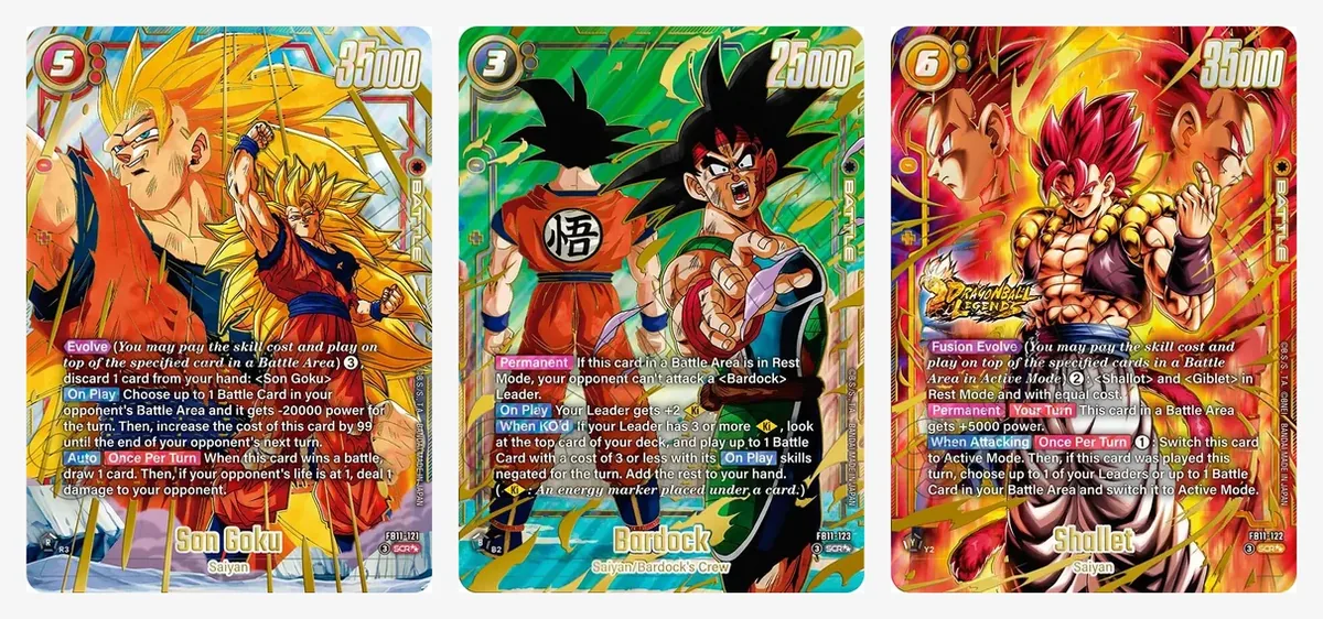 TCGplayer photos of the Son Goku FB11-121, Bardock FB11-123 and Shallet FB11-122 Super Alt-Art SCRs from Brightness of Hope, with gold-framed full art