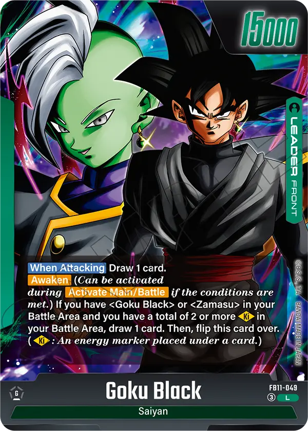 Goku Black FB11-049 green Leader card front, Goku Black and Zamasu art with the When Attacking draw and the Ki Awaken text
