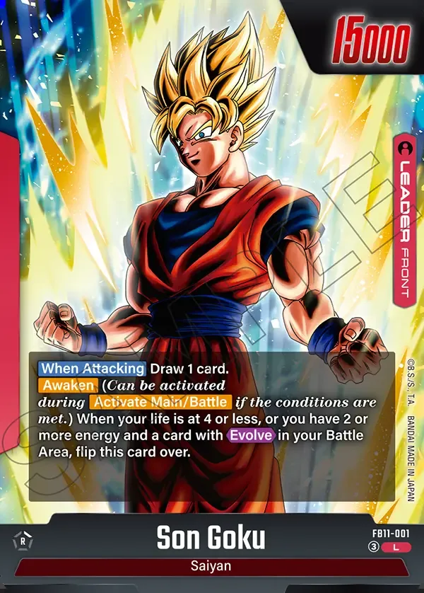 Son Goku FB11-001 leader card, front side, showing the When Attacking draw and the Awaken condition based on life or an Evolve card