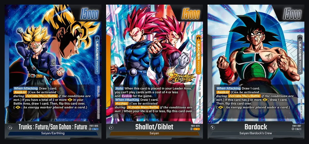 Front sides of the FB11 Trunks Future and Son Gohan Future, Shallot and Giblet, and Bardock leader cards