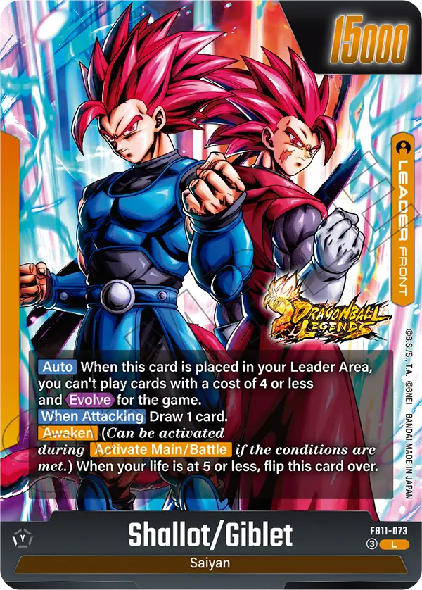 Shallot and Giblet FB11-073 yellow Leader card front with the Dragon Ball Legends logo, the cost 4 or less Evolve ban and the life 5 Awaken text