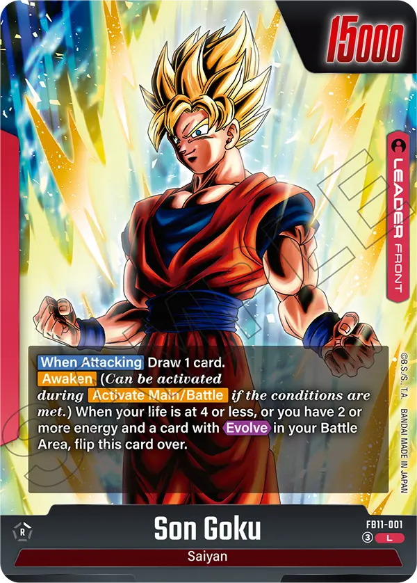 Son Goku FB11-001 red Leader card front, Super Saiyan Goku with the When Attacking draw and the two Awaken conditions