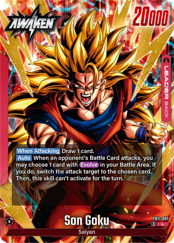 Son Goku FB11-001 red Leader card back after Awaken, Super Saiyan 3 Goku with the When Attacking draw and the Evolve redirect text