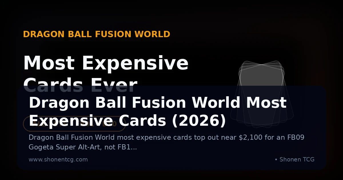 Dark navy and orange title card reading Most Expensive Cards Ever with faint stacked card silhouettes for Dragon Ball Fusion World