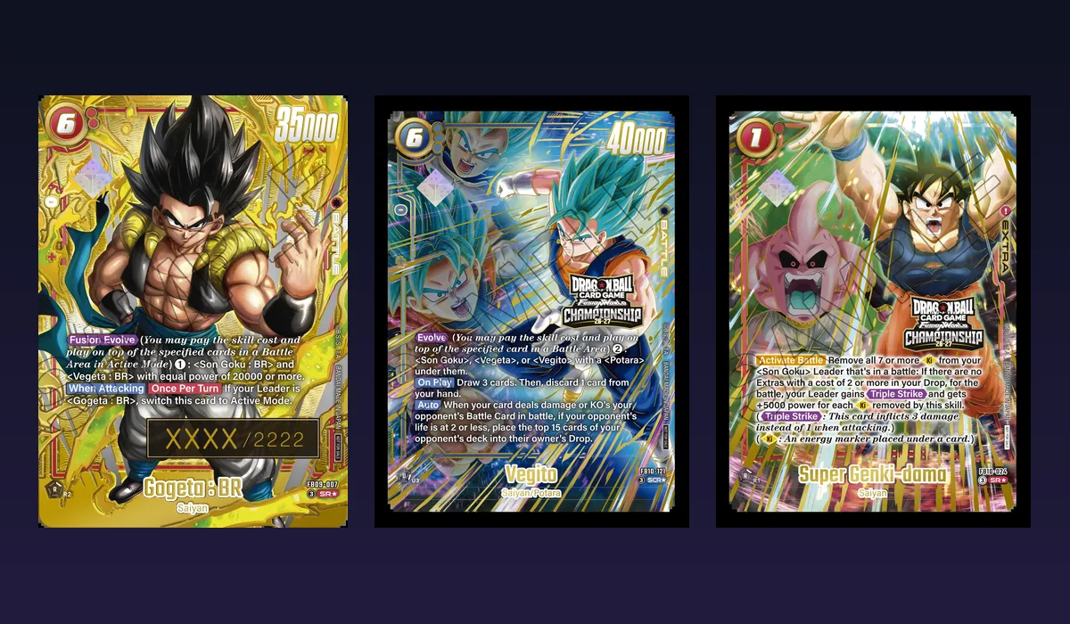 Serial-numbered FB09-007 Gogeta BR, alt-art FB10-121 SCR Vegito and alt-art FB10-024 Super Genki-dama prize cards from the Wave 2 Regionals prize list