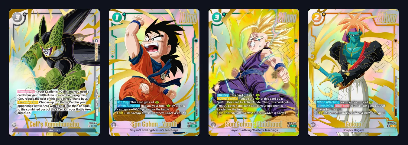 Four alt-art FB10 cards from the Limited Pack 26-27 WAVE2 prize list: Cell's Kamehameha, Son Gohan Youth, Son Gohan Childhood and Gokua