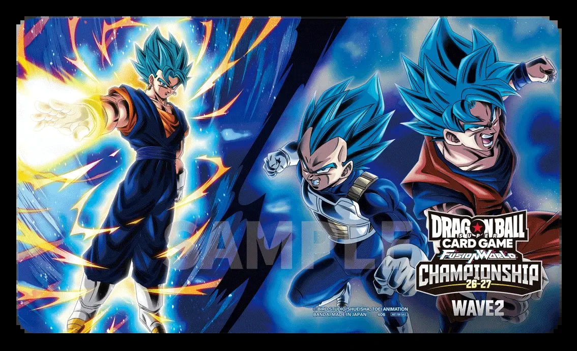 Dragon Ball Super Card Game Fusion World Championship 26-27 Wave 2 official playmat with Vegito, Vegeta and Goku, watermarked SAMPLE
