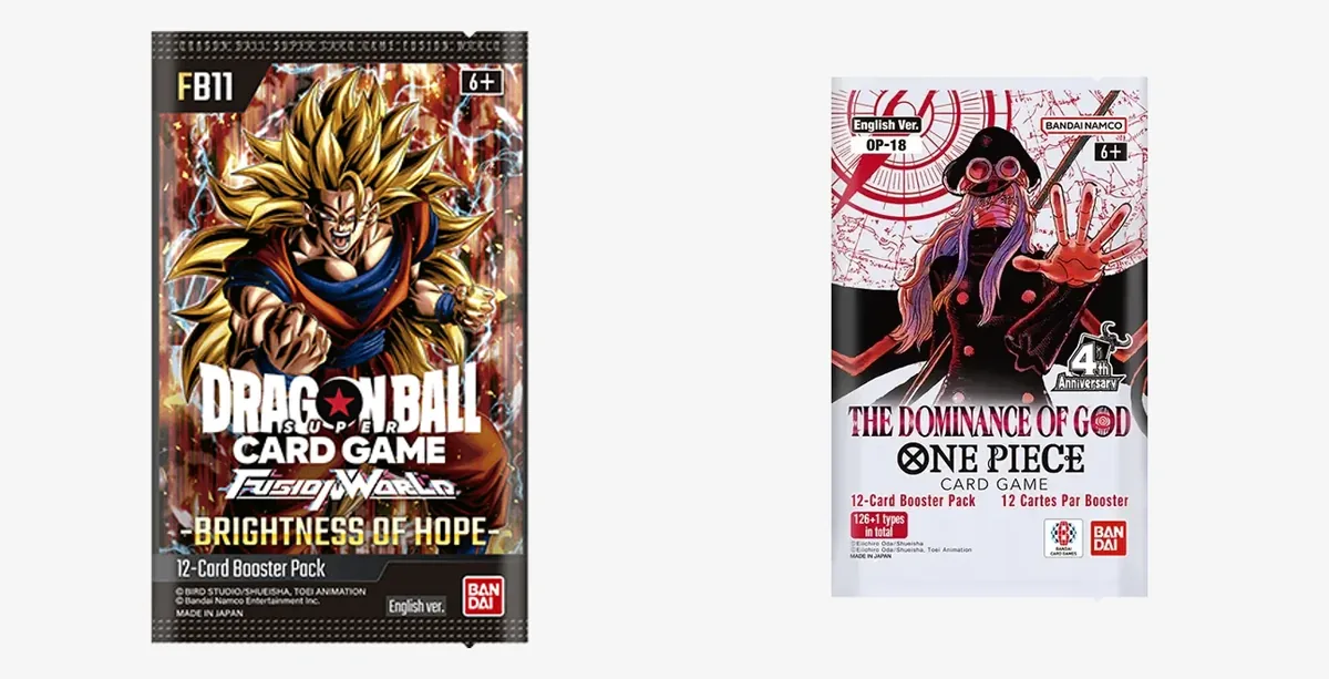 Booster packs side by side: Dragon Ball Super Card Game Fusion World FB11 Brightness of Hope with Super Saiyan 3 Goku on the left, and One Piece Card Game OP-18 The Dominance of God on the right