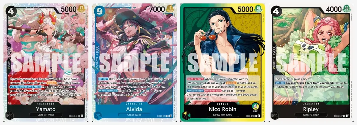 Four EB-05 cards side by side: Yamato, Alvida, the Nico Robin Leader and Ripley