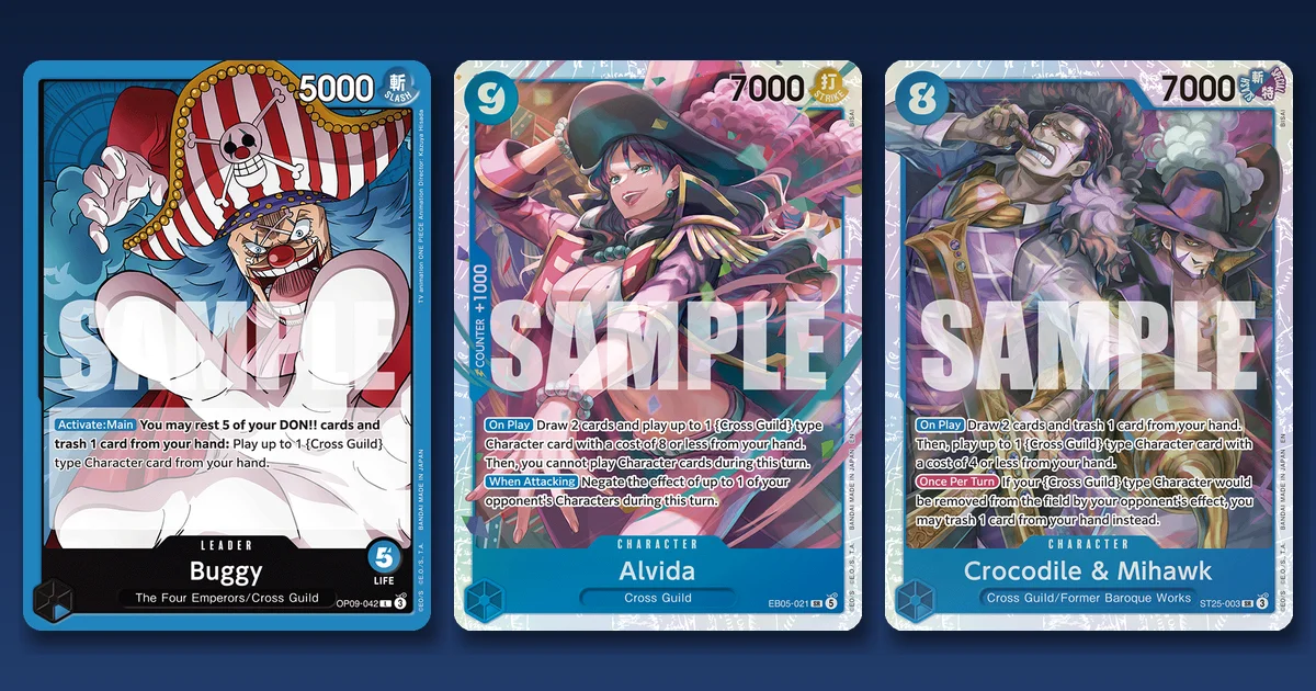 Buggy Leader OP09-042 beside the EB-05 Alvida EB05-021 and Crocodile & Mihawk ST25-003