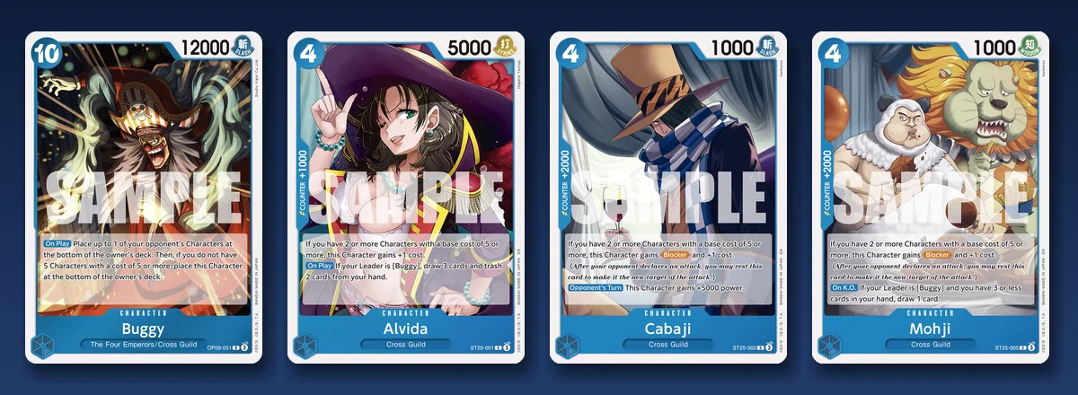 Four Cross Guild cards from the Buggy deck: Buggy OP09-051, Alvida ST25-001, Cabaji ST25-002 and Mohji ST25-005