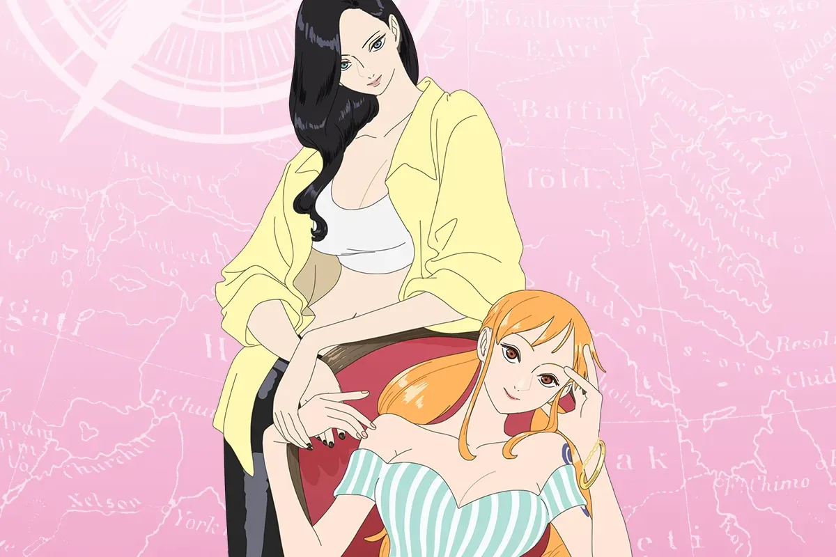 Bandai's EB-05 key visual of Nico Robin in a yellow shirt standing behind Nami seated in a red armchair, on a pink map background