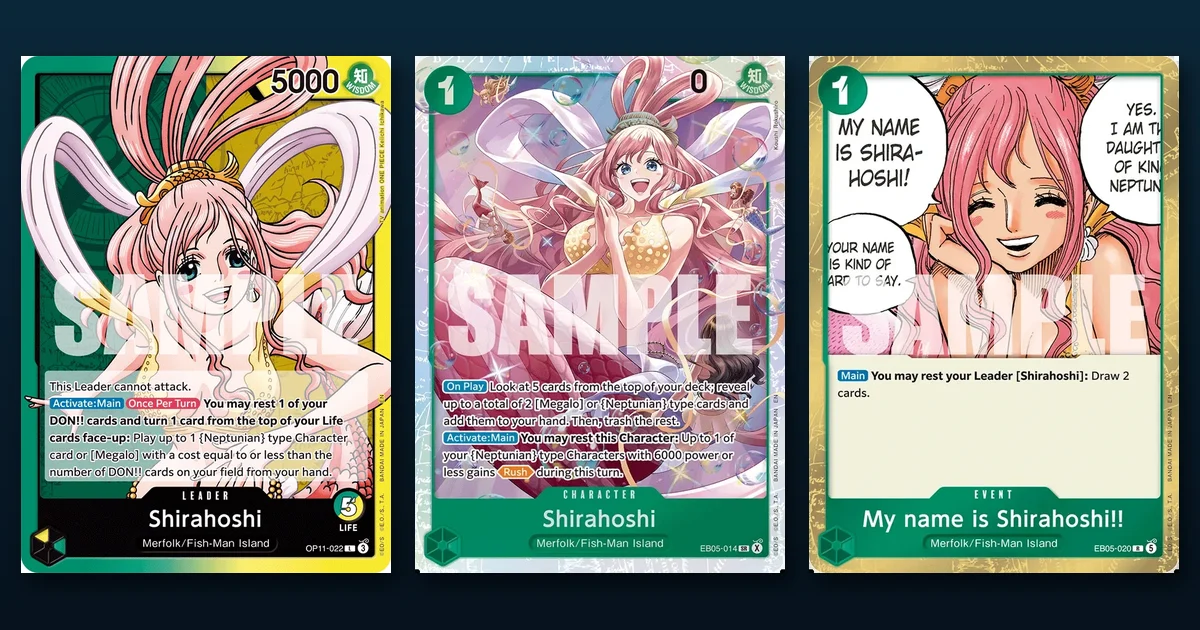 Shirahoshi Leader OP11-022 beside the EB-05 cards Shirahoshi EB05-014 and My name is Shirahoshi!! EB05-020