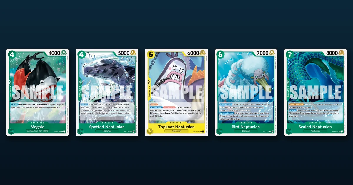 Five Neptunian cards from the Shirahoshi deck: Megalo EB04-018, Spotted Neptunian OP11-036, Topknot Neptunian OP11-107, Bird Neptunian EB04-016 and Scaled Neptunian EB04-011