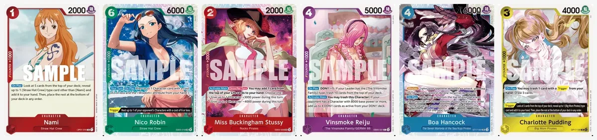 Six of the base prints behind the EB-05 SP cards: Nami OP01-016, Nico Robin EB05-016, Miss Buckingham Stussy EB05-006, Vinsmoke Reiju EB05-031, Boa Hancock ST17-004 and Charlotte Pudding OP17-109