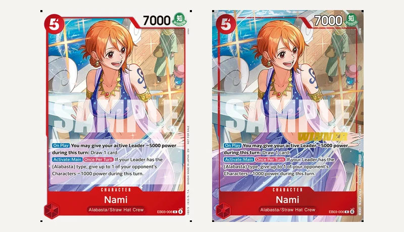The two Heroines Battle Vol.2 prize cards: EB03-006 Nami, the participation version on the left and the winner version on the right