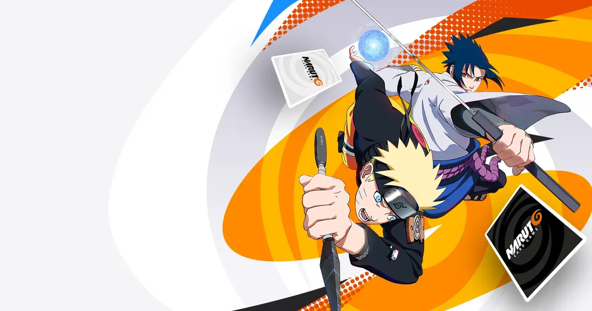 Official Naruto Card Game key visual showing Naruto Uzumaki and Sasuke Uchiha in mid-motion with Naruto Card Game card backs