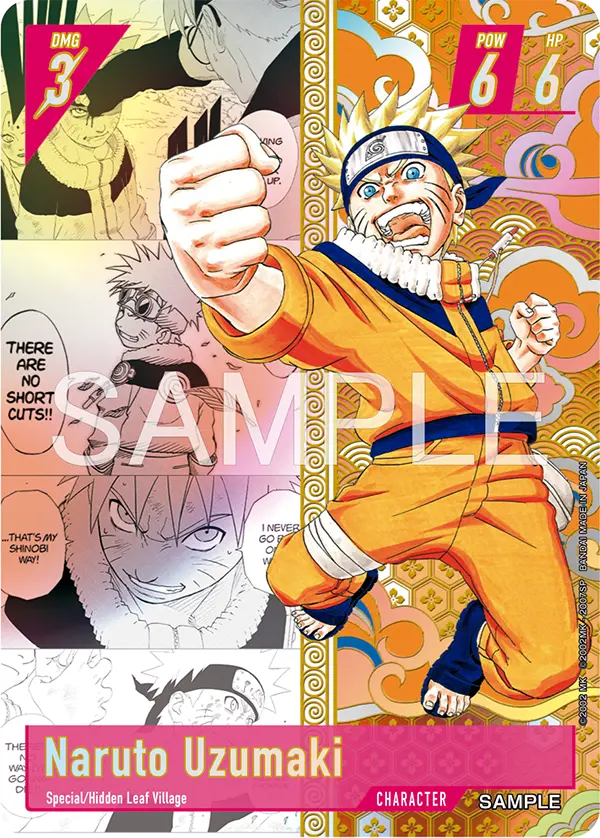 Official Naruto Uzumaki sample character card showing DMG 3, POW 6, HP 6 stats and a SAMPLE watermark