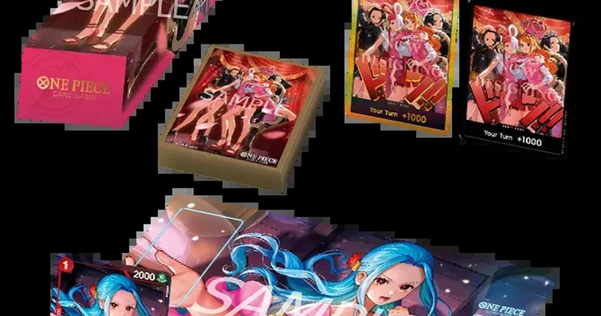 Official Bandai product photo of the One Piece Heroines Special Set: storage box, sleeves, DON!! cards, playmat, and Nefeltari Vivi promo card