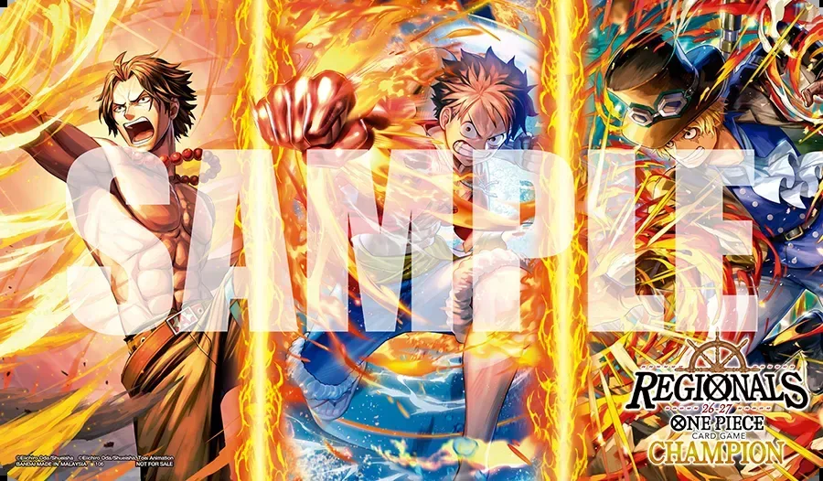 Bandai's Regionals 26-27 Champion playmat art with Ace, Luffy and Sabo, watermarked SAMPLE