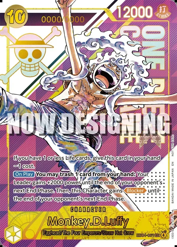 EB04-061 Monkey.D.Luffy serial number card shown on Bandai's prize list with a NOW DESIGNING watermark