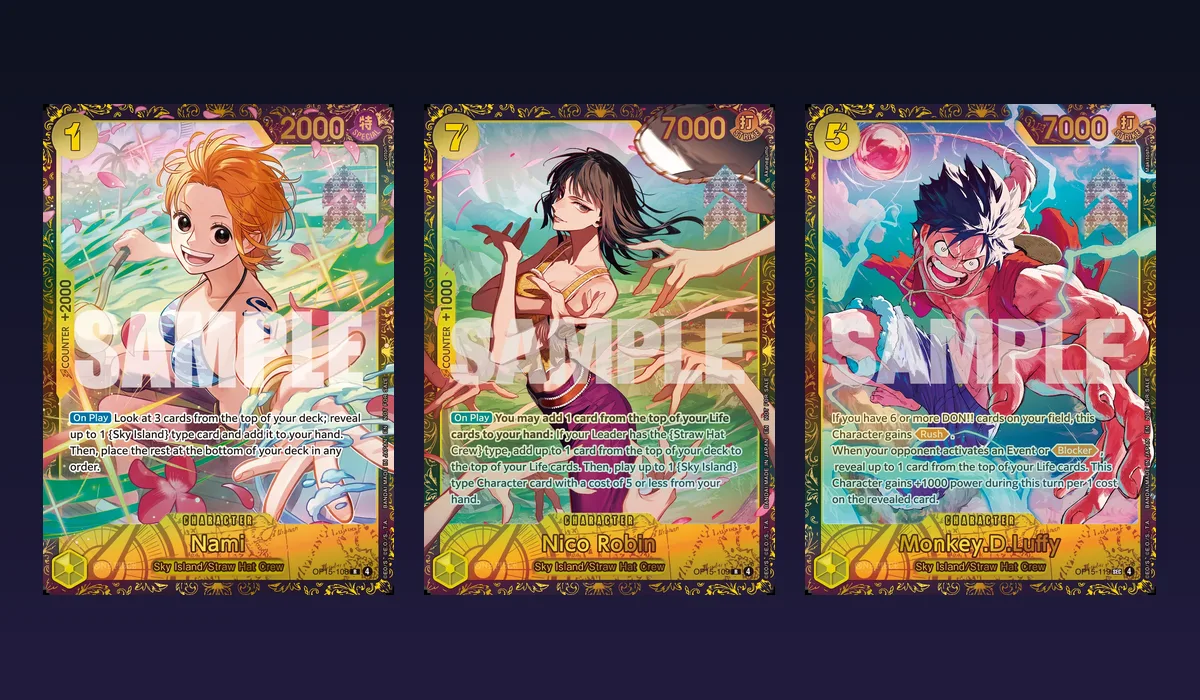 OP15-108 Nami, OP15-109 Nico Robin and OP15-119 Monkey.D.Luffy promo cards from Bandai's Regionals Season 2 prize list, shown side by side