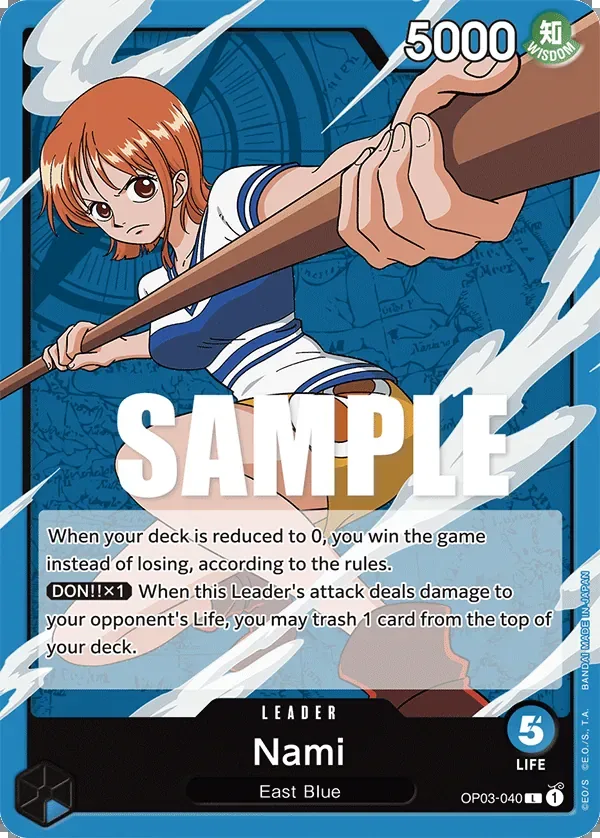 One Piece TCG Nami Leader card (OP03-040), blue East Blue leader with a win-if-decked-out ability, one of the six cards currently banned