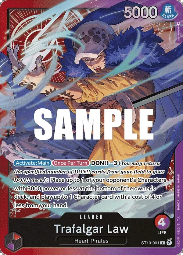 One Piece TCG Trafalgar Law Leader card (ST10-001), purple Heart Pirates leader with a DON-cost bounce and play effect, another of the six currently banned cards