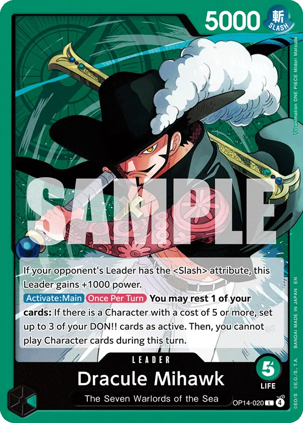 Dracule Mihawk Leader card OP14-020, green Seven Warlords of the Sea leader with the Slash attribute and a DON!! refresh ability