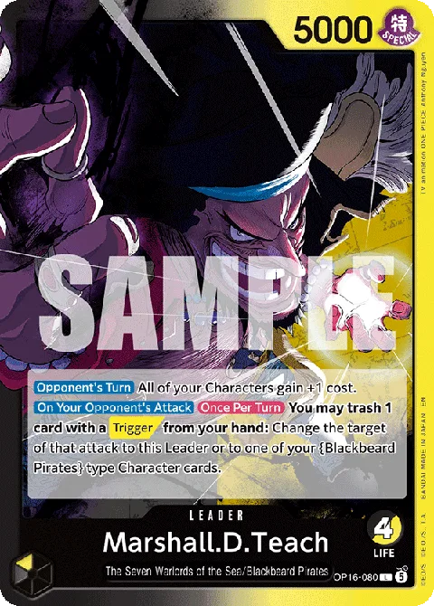 Marshall D. Teach Blackbeard OP16-080 Black Yellow Leader card artwork showing Blackbeard laughing with dual Devil Fruit powers in Marineford assault scene