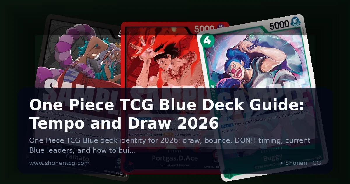 Color Guide Turing One Piece TCG Yamato, Portgas.D.Ace, and Buggy cards arranged against a ...
