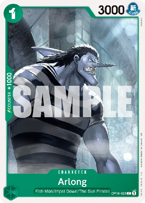 Arlong OP16-023 Blue character card artwork showing Arlong the Fish-Man pirate in intimidating wide stance with sharp teeth and sawfish bill weapon