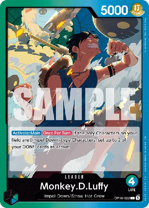 Monkey D. Luffy OP16-022 Blue Green Leader card artwork showing Luffy mid-Gear transformation during the Impel Down breakout scene