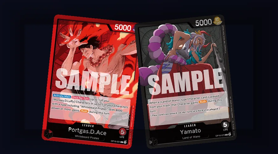 One Piece TCG leader cards Ace (Red) and Yamato (Black) illustrating One Piece TCG color identity