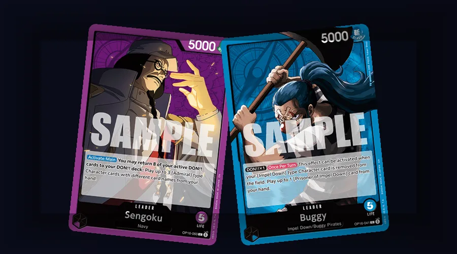 One Piece TCG leader cards Sengoku (Purple) and Buggy (Blue) showing ramp and tempo colors