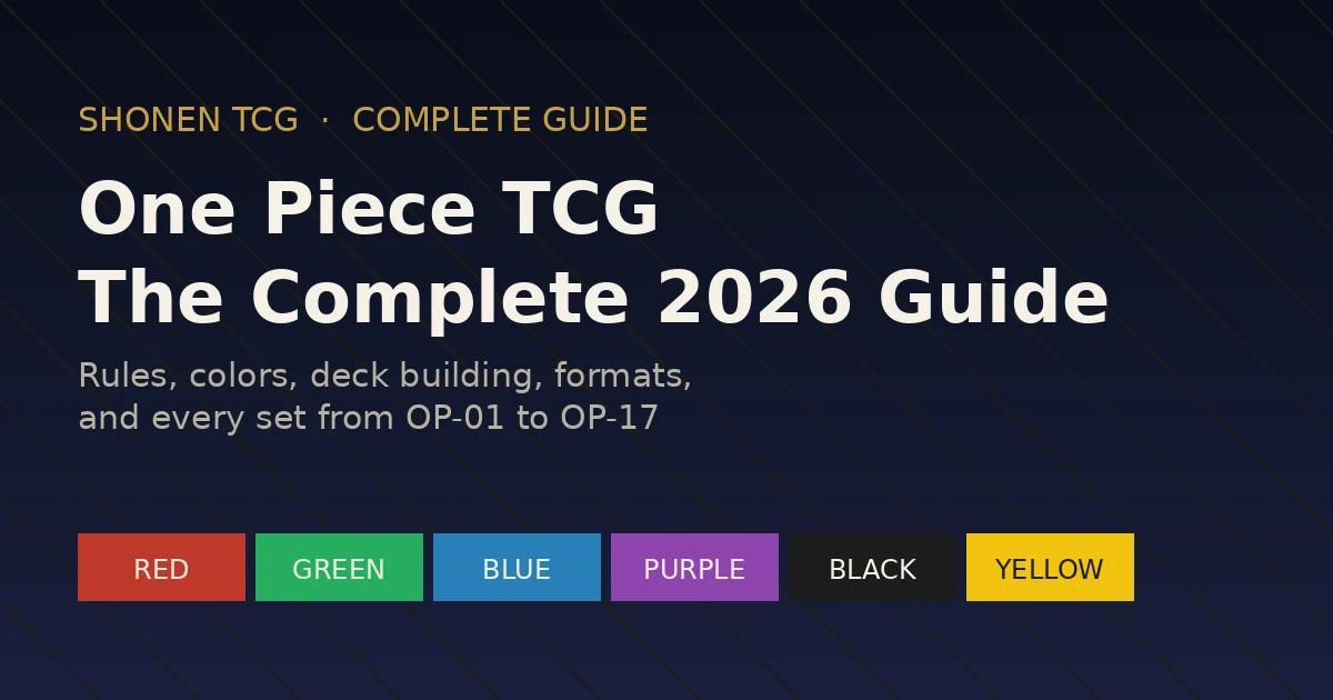 One Piece TCG Complete Guide title card with the six color swatches, Red, Green, Blue, Purple, Black, and Yellow, across the bottom