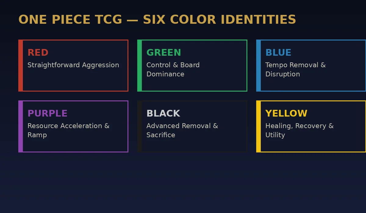 One Piece TCG color identity chart showing Red aggression, Green control, Blue tempo, Purple ramp, Black removal, and Yellow utility