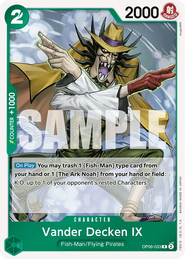 Vander Decken IX OP06-033 green Character card with cost 2 and 2000 power, the Counter +1000 value printed vertically along the card's left edge
