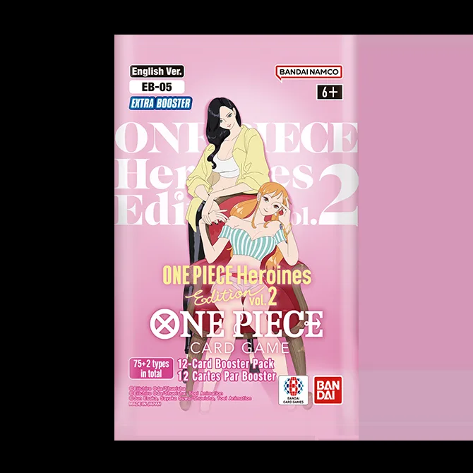 Official EB-05 Heroines Edition vol.2 booster pack art showing the 12-Card Booster Pack and 75+2 types in total labels