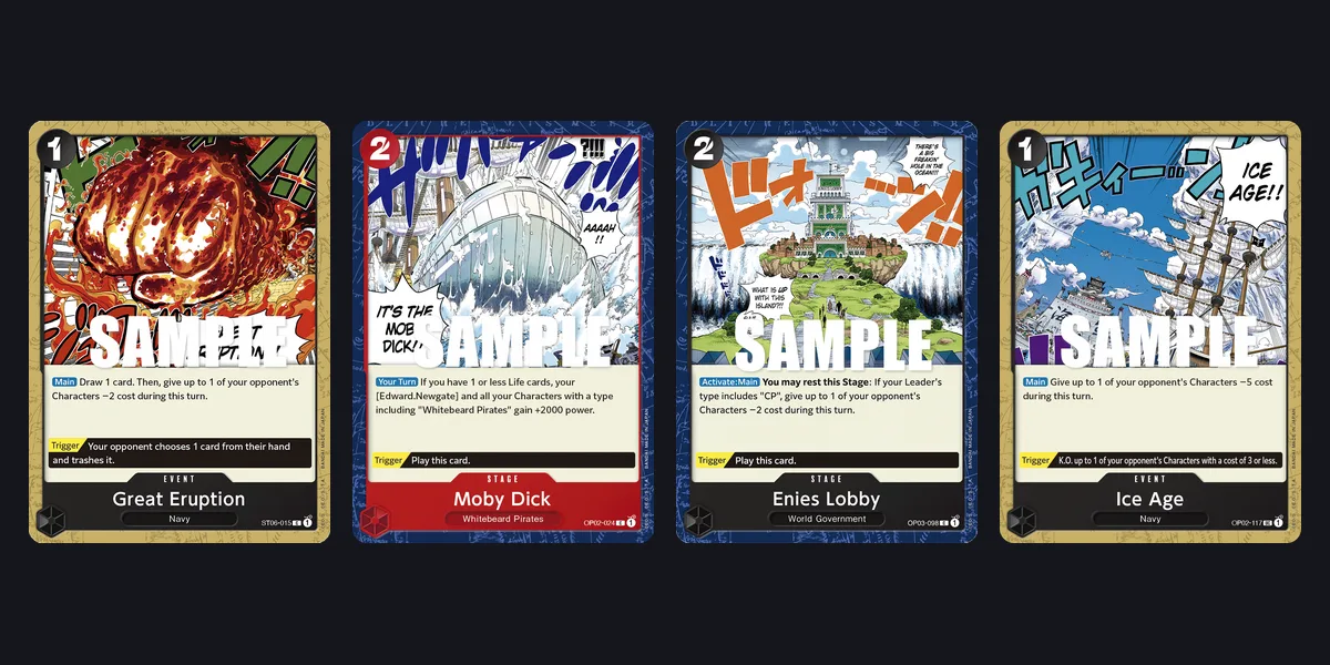 Bandai card images of ST06-015 Great Eruption, OP02-024 Moby Dick, OP03-098 Enies Lobby and OP02-117 Ice Age