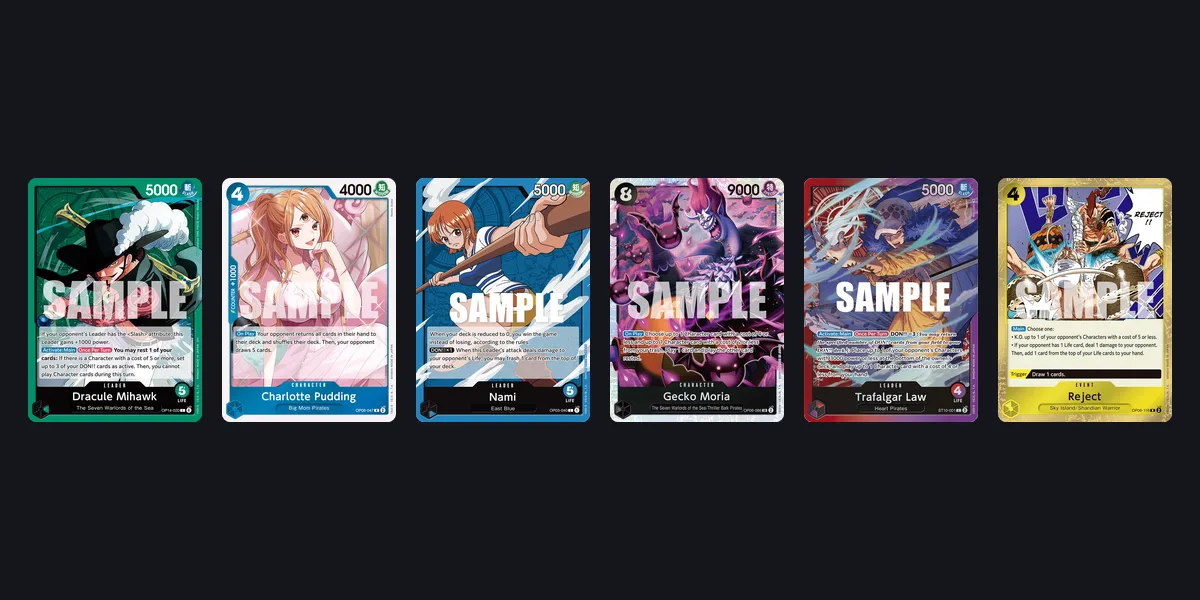 Bandai card images of the cards banned in One Piece TCG from October 12, 2026, including Dracule Mihawk, Charlotte Pudding, Nami, Gecko Moria, Trafalgar Law and Reject