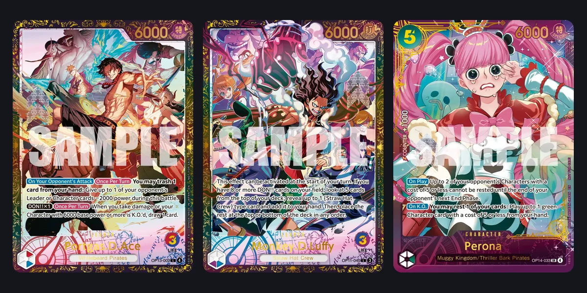 Bandai images of the Large Scale Extra Grand Battle 2026 prize alt art cards OP13-002 Portgas.D.Ace, OP11-040 Monkey.D.Luffy and OP14-033 Perona